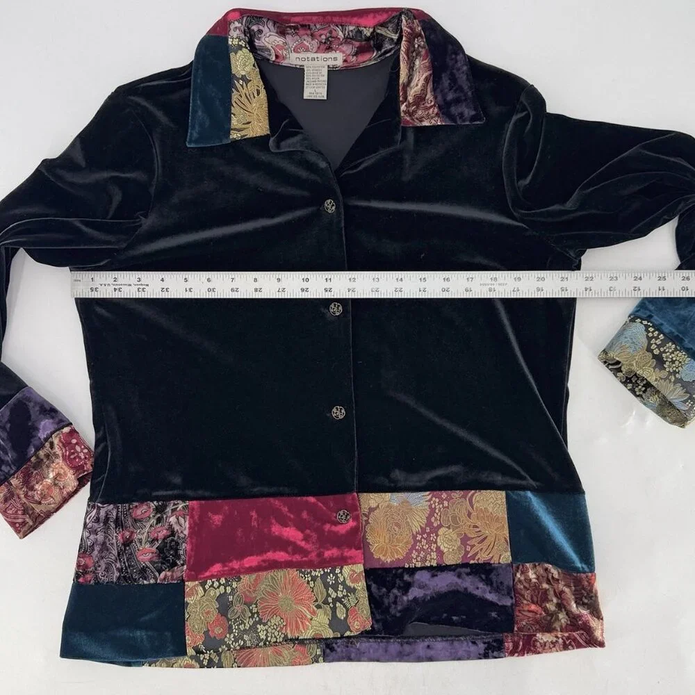 Notations‎ Black Velvet Patchwork Jacquard Bohemian Button Jacket L Art To Wear
